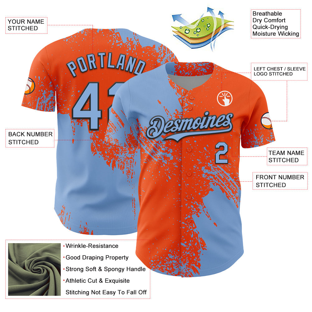 Custom Light Blue Orange-Black 3D Pattern Design Abstract Brush Stroke Authentic Baseball Jersey - Sky-Custom