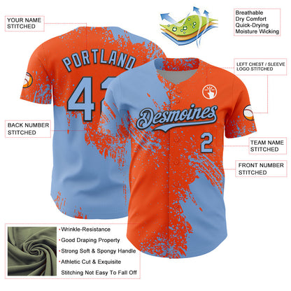 Custom Light Blue Orange-Black 3D Pattern Design Abstract Brush Stroke Authentic Baseball Jersey - Sky-Custom