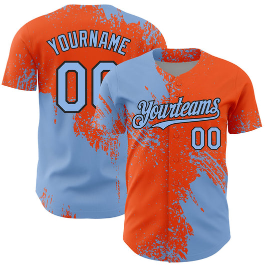 Custom Light Blue Orange-Black 3D Pattern Design Abstract Brush Stroke Authentic Baseball Jersey - Sky-Custom