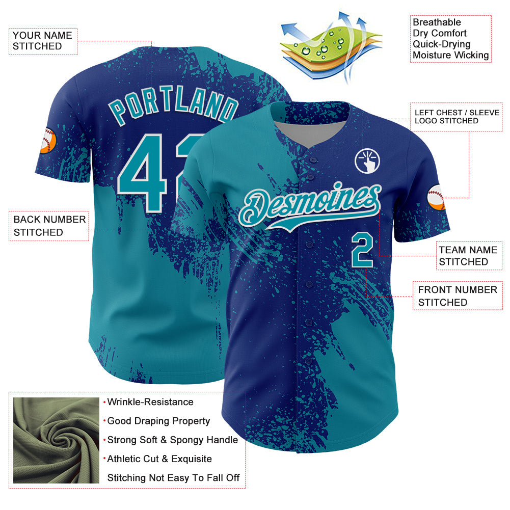 Custom Teal Royal-White 3D Pattern Design Abstract Brush Stroke Authentic Baseball Jersey - Sky-Custom