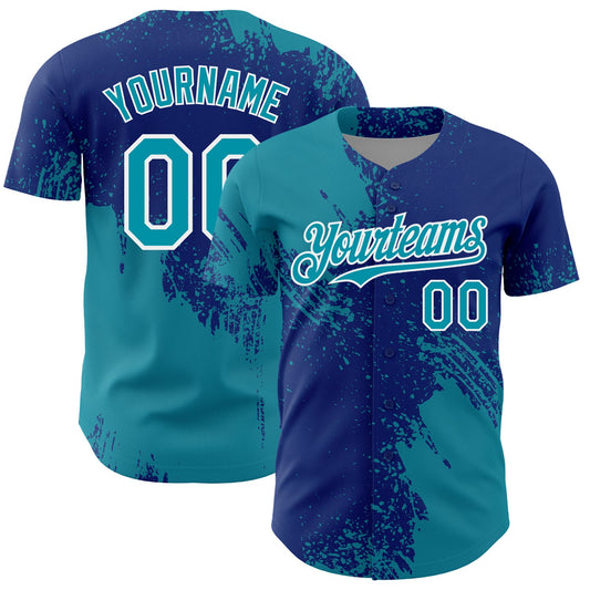 Custom Teal Royal-White 3D Pattern Design Abstract Brush Stroke Authentic Baseball Jersey - Sky-Custom