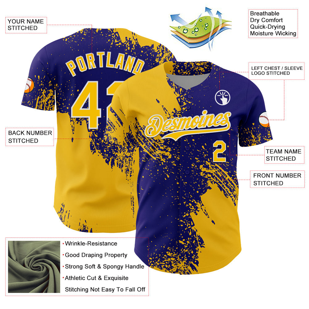 Custom Yellow Dark Purple-White 3D Pattern Design Abstract Brush Stroke Authentic Baseball Jersey - Sky-Custom