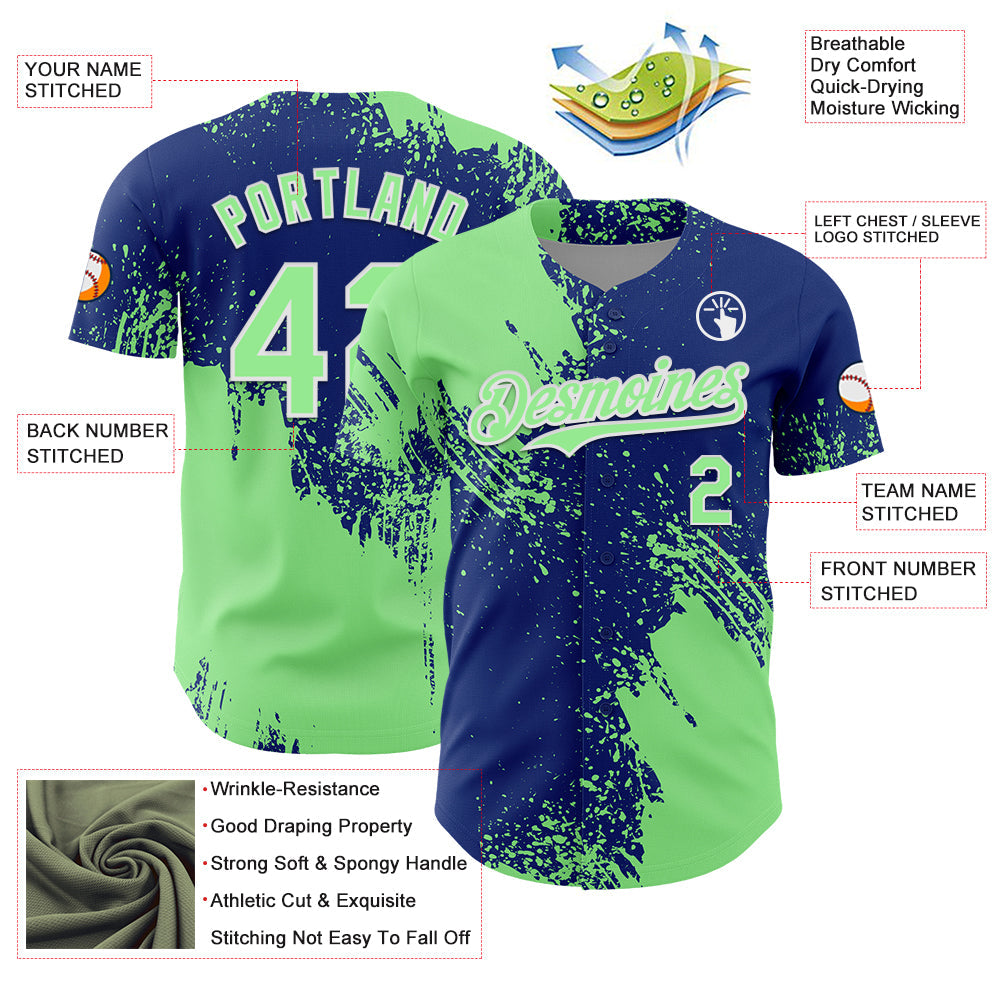 Custom Pea Green Royal-White 3D Pattern Design Abstract Brush Stroke Authentic Baseball Jersey - Sky-Custom