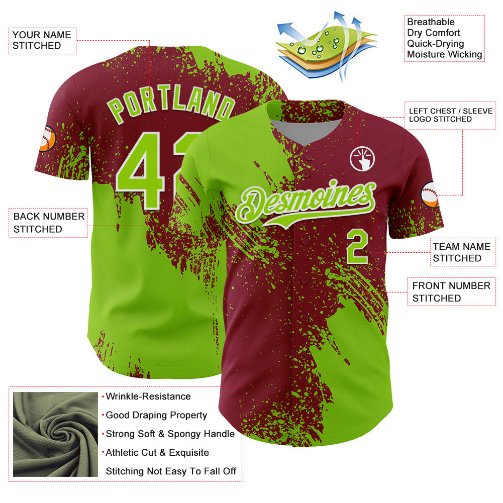 Custom Neon Green Crimson-White 3D Pattern Design Abstract Brush Stroke Authentic Baseball Jersey - Sky-Custom