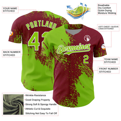 Custom Neon Green Crimson-White 3D Pattern Design Abstract Brush Stroke Authentic Baseball Jersey - Sky-Custom