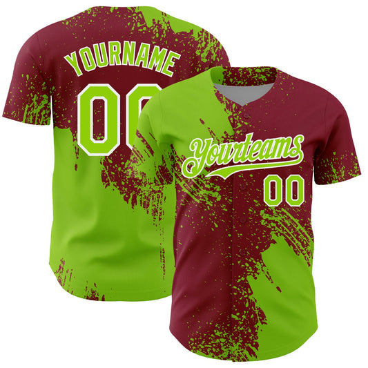 Custom Neon Green Crimson-White 3D Pattern Design Abstract Brush Stroke Authentic Baseball Jersey - Sky-Custom
