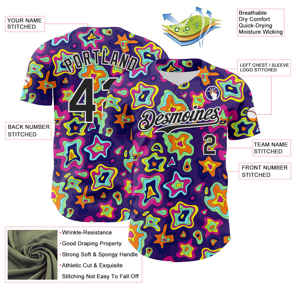 Custom Purple Black-White 3D Pattern Design Rave Psychedelic Fluid Art Authentic Baseball Jersey - Sky-Custom