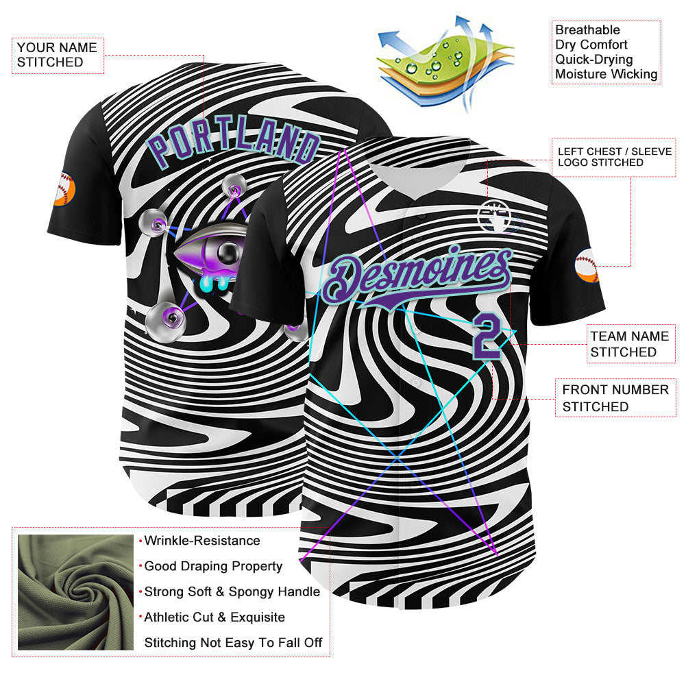 Custom Black Purple-Ice Blue 3D Pattern Design Rave Psychedelic Fluid Art Authentic Baseball Jersey - Sky-Custom