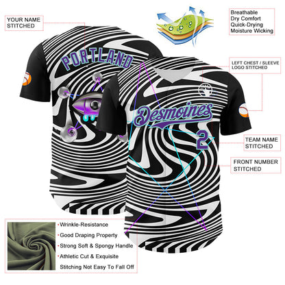 Custom Black Purple-Ice Blue 3D Pattern Design Rave Psychedelic Fluid Art Authentic Baseball Jersey - Sky-Custom