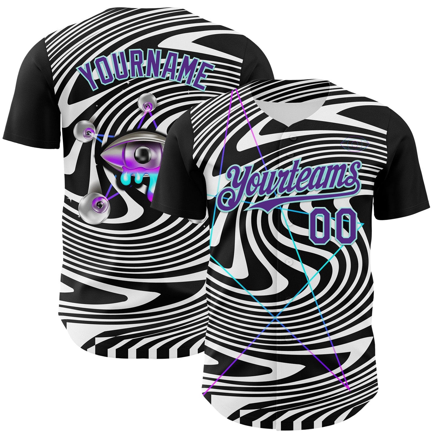 Custom Black Purple-Ice Blue 3D Pattern Design Rave Psychedelic Fluid Art Authentic Baseball Jersey - Sky-Custom