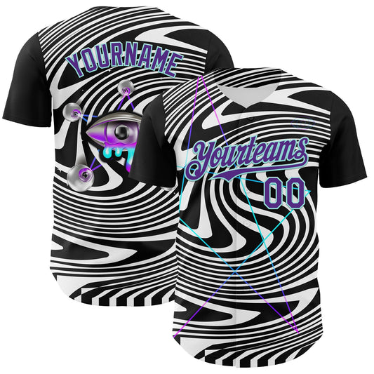 Custom Black Purple-Ice Blue 3D Pattern Design Rave Psychedelic Fluid Art Authentic Baseball Jersey - Sky-Custom