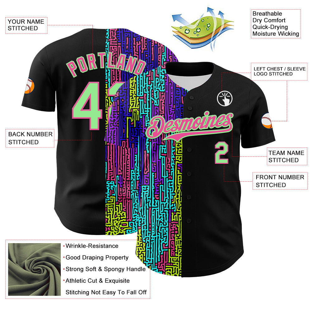 Custom Black Pea Green-Pink 3D Pattern Design Rave Psychedelic Neon Fluid Art Authentic Baseball Jersey - Sky-Custom