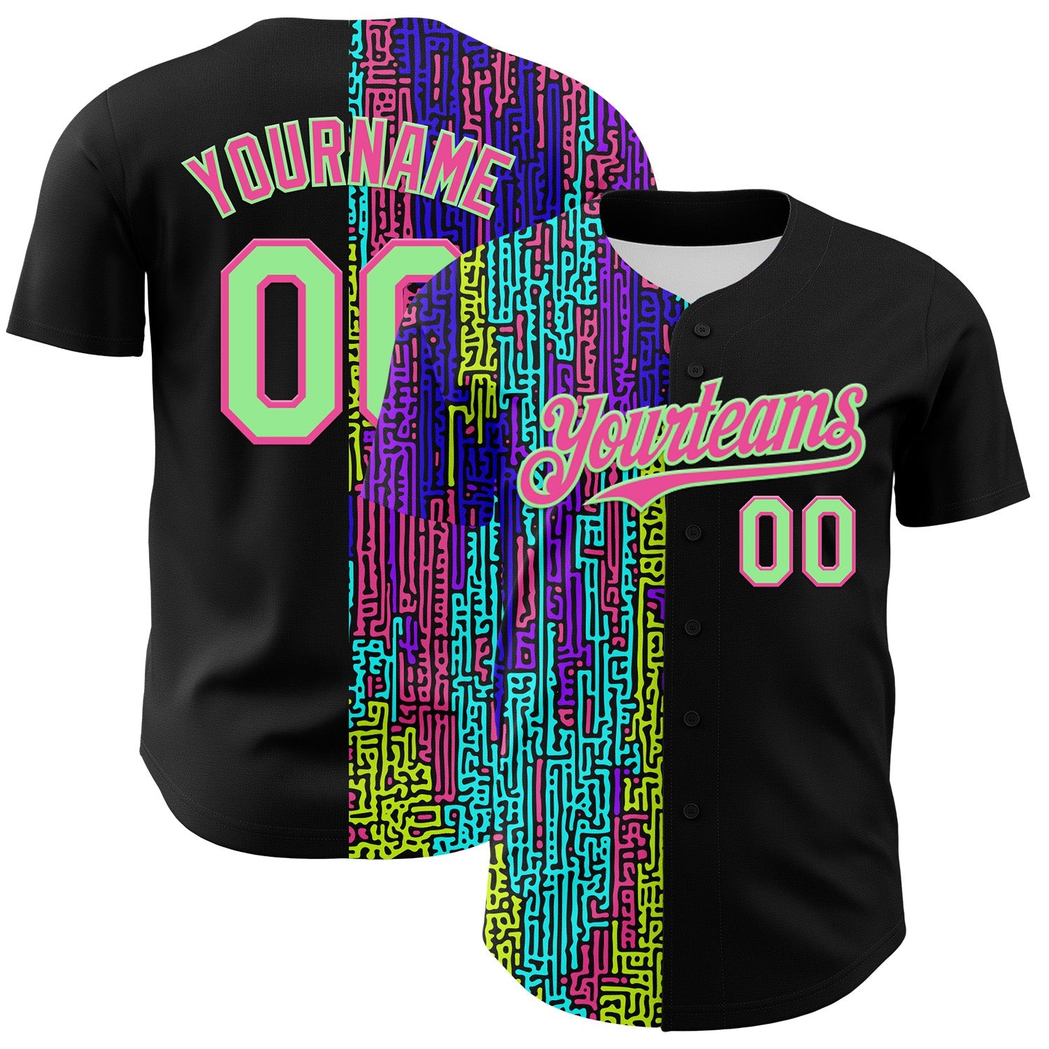 Custom Black Pea Green-Pink 3D Pattern Design Rave Psychedelic Neon Fluid Art Authentic Baseball Jersey - Sky-Custom