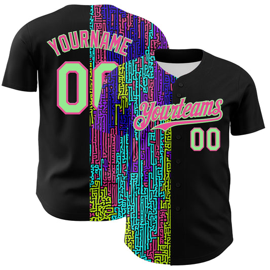 Custom Black Pea Green-Pink 3D Pattern Design Rave Psychedelic Neon Fluid Art Authentic Baseball Jersey - Sky-Custom