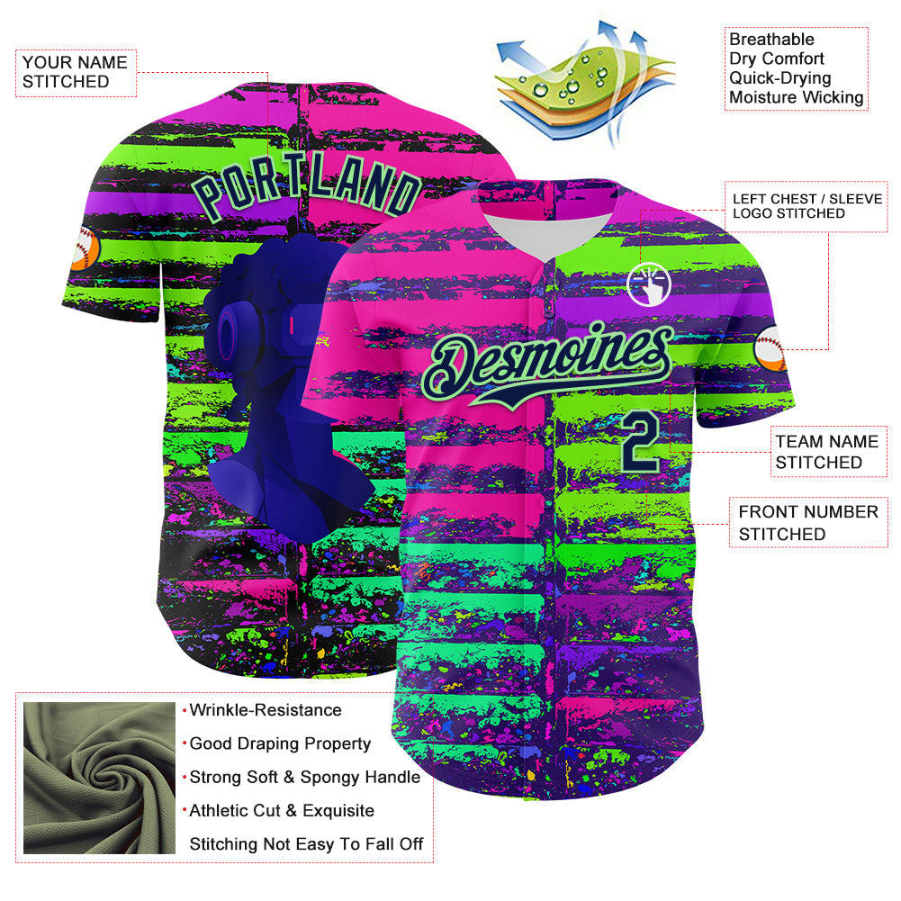 Custom Pink Navy-Pea Green 3D Pattern Design Rave Psychedelic Neon Fluid Art Authentic Baseball Jersey - Sky-Custom
