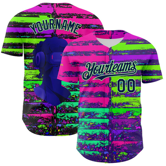 Custom Pink Navy-Pea Green 3D Pattern Design Rave Psychedelic Neon Fluid Art Authentic Baseball Jersey - Sky-Custom