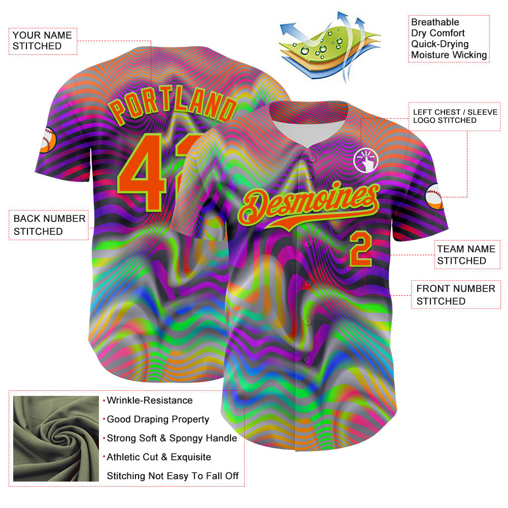 Custom Gray Orange-Neon Green 3D Pattern Design Rave Psychedelic Neon Fluid Art Authentic Baseball Jersey - Sky-Custom