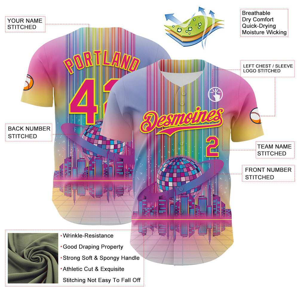 Custom Pink Hot Pink-Light Yellow 3D Pattern Design Rave Psychedelic Neon Music Disco Authentic Baseball Jersey - Sky-Custom