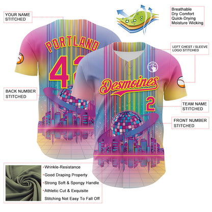 Custom Pink Hot Pink-Light Yellow 3D Pattern Design Rave Psychedelic Neon Music Disco Authentic Baseball Jersey - Sky-Custom