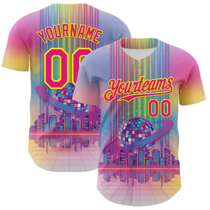 Custom Pink Hot Pink-Light Yellow 3D Pattern Design Rave Psychedelic Neon Music Disco Authentic Baseball Jersey - Sky-Custom