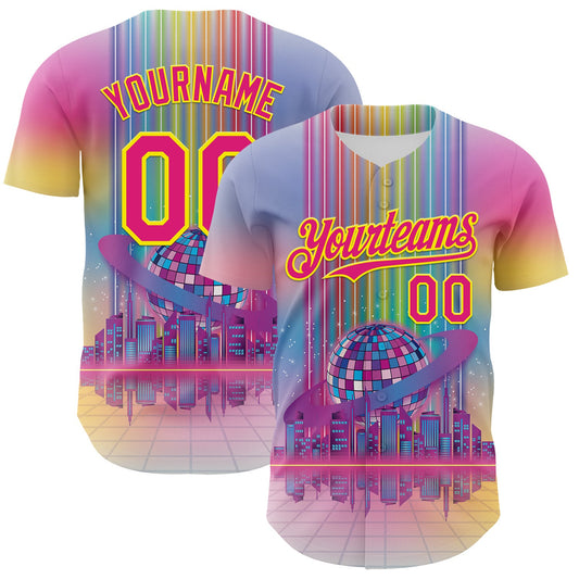 Custom Pink Hot Pink-Light Yellow 3D Pattern Design Rave Psychedelic Neon Music Disco Authentic Baseball Jersey - Sky-Custom