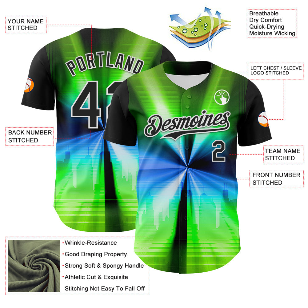 Custom Black White 3D Pattern Design Rave Psychedelic Aurora Authentic Baseball Jersey - Sky-Custom
