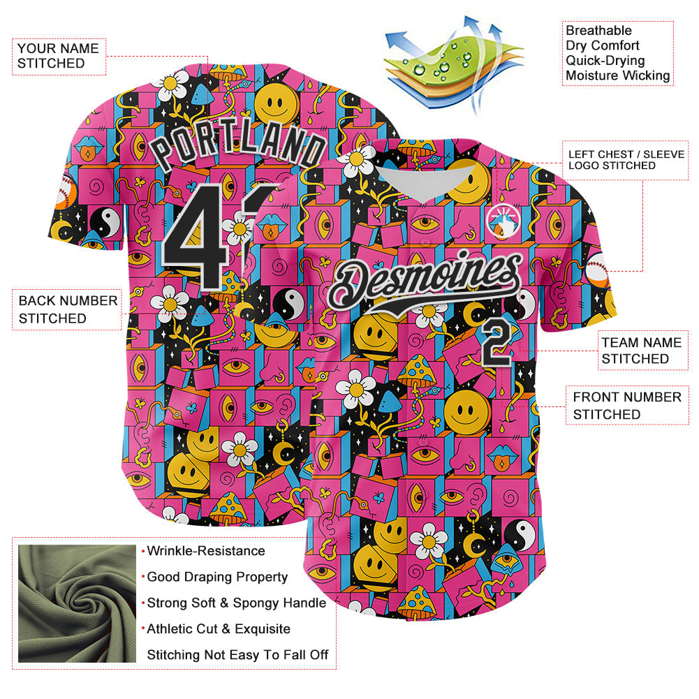 Custom Hot Pink Black-White 3D Pattern Design Rave Psychedelic Geometry Authentic Baseball Jersey - Sky-Custom