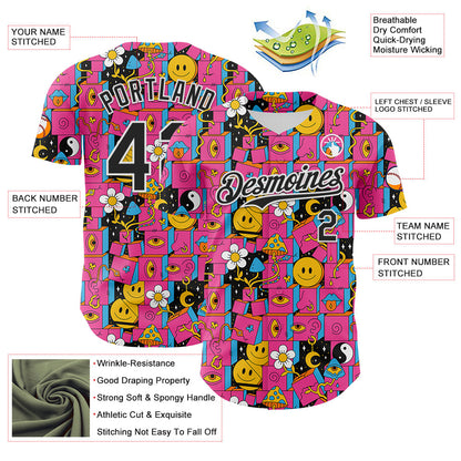 Custom Hot Pink Black-White 3D Pattern Design Rave Psychedelic Geometry Authentic Baseball Jersey - Sky-Custom