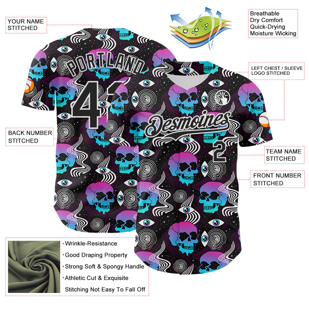 Custom Black White 3D Pattern Design Rave Psychedelic Skull Authentic Baseball Jersey - Sky-Custom