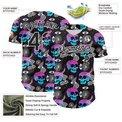 Custom Black White 3D Pattern Design Rave Psychedelic Skull Authentic Baseball Jersey - Sky-Custom