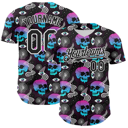 Custom Black White 3D Pattern Design Rave Psychedelic Skull Authentic Baseball Jersey - Sky-Custom