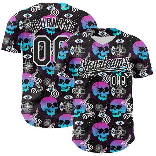 Custom Black White 3D Pattern Design Rave Psychedelic Skull Authentic Baseball Jersey - Sky-Custom