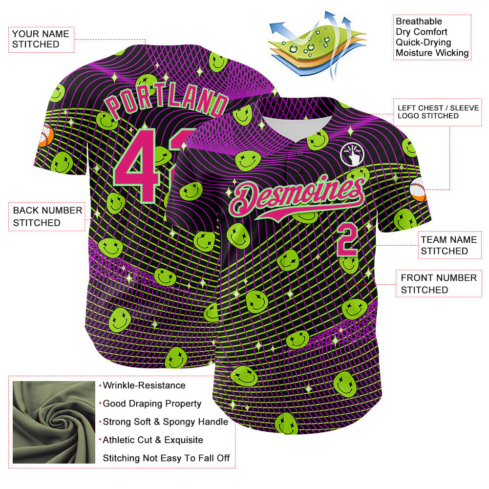 Custom Black Hot Pink-Pea Green 3D Pattern Design Rave Psychedelic Emoji Smile Authentic Baseball Jersey - Sky-Custom