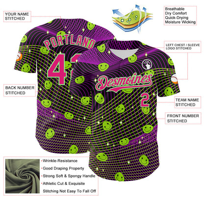 Custom Black Hot Pink-Pea Green 3D Pattern Design Rave Psychedelic Emoji Smile Authentic Baseball Jersey - Sky-Custom