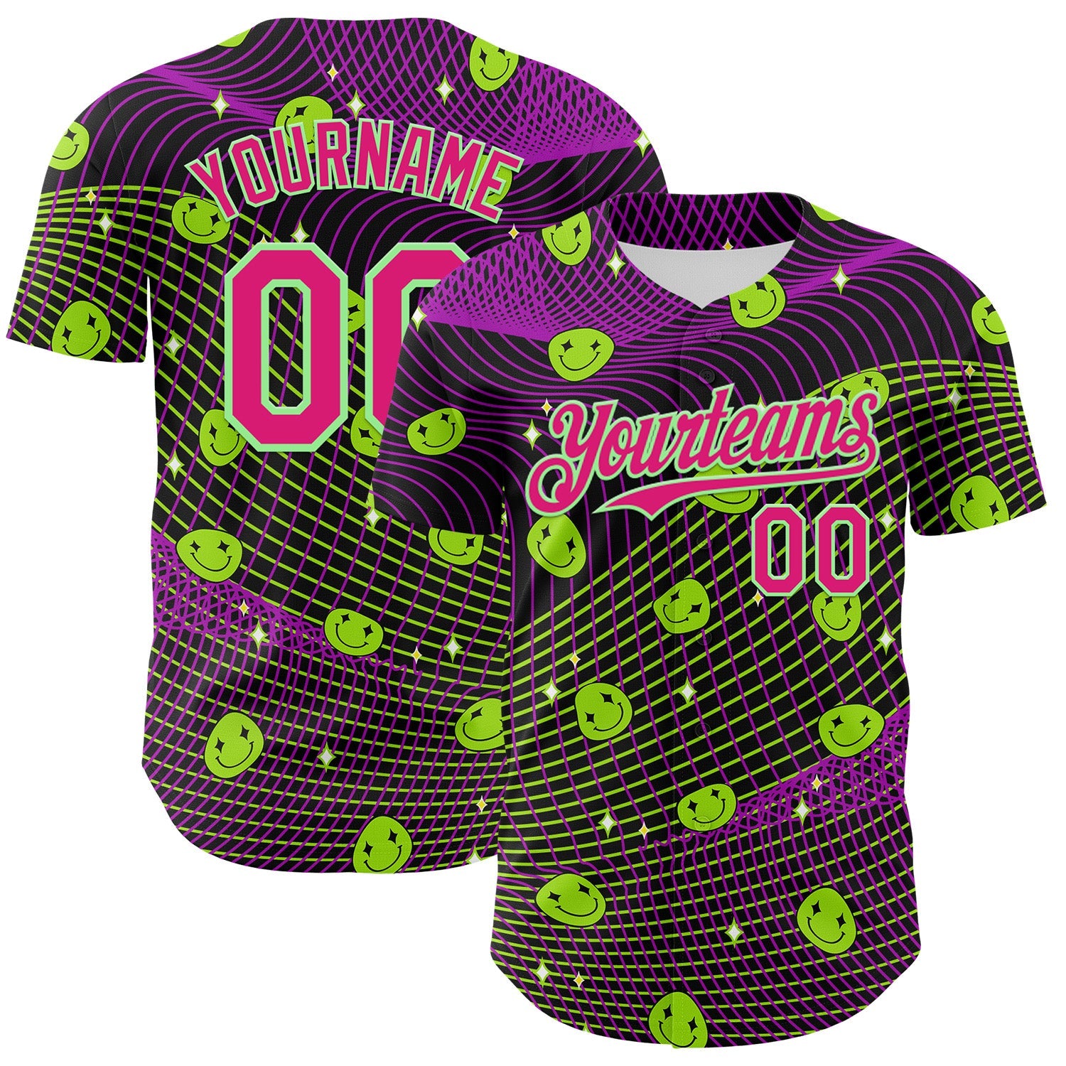 Custom Black Hot Pink-Pea Green 3D Pattern Design Rave Psychedelic Emoji Smile Authentic Baseball Jersey - Sky-Custom