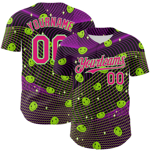 Custom Black Hot Pink-Pea Green 3D Pattern Design Rave Psychedelic Emoji Smile Authentic Baseball Jersey - Sky-Custom