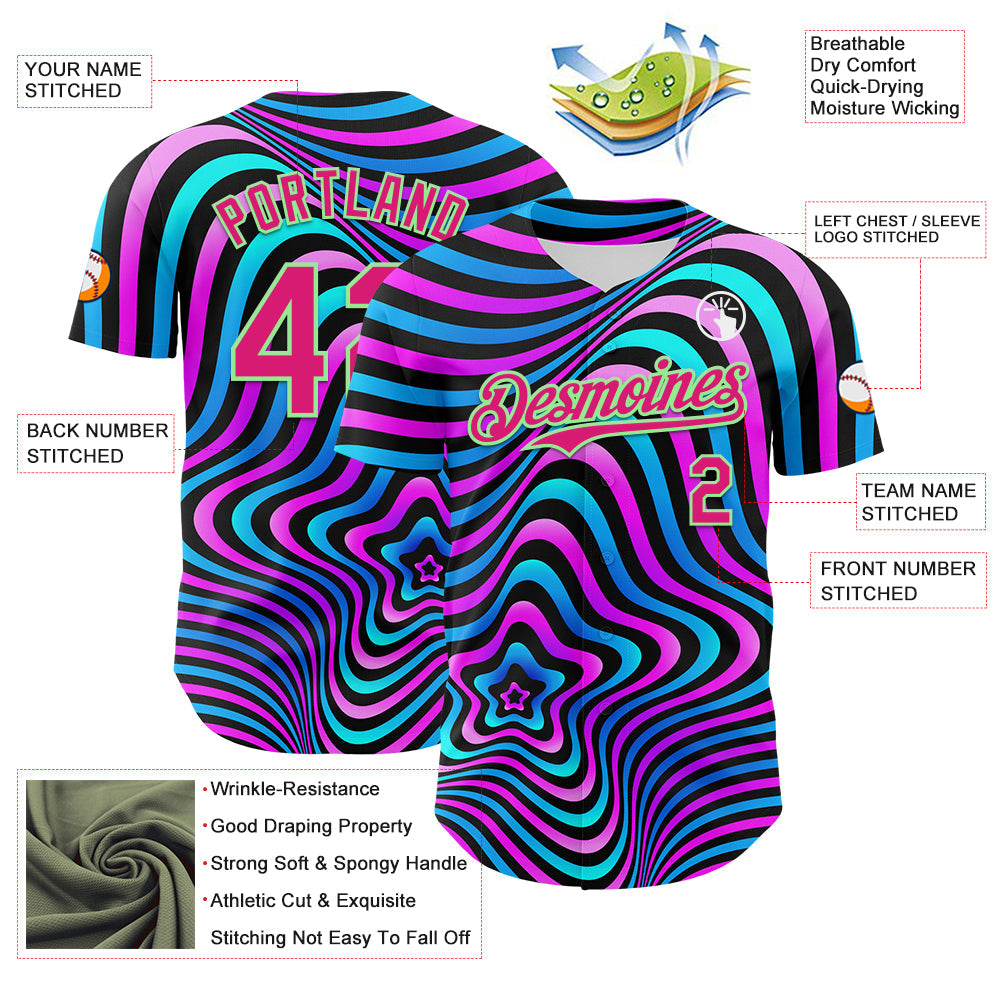 Custom Black Deep Pink-Pea Green 3D Pattern Design Rave Psychedelic Fluid Art Authentic Baseball Jersey - Sky-Custom