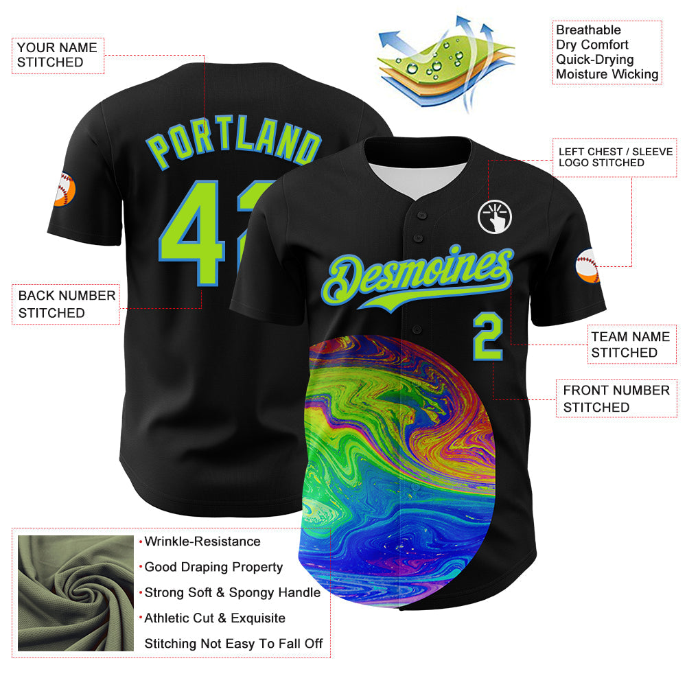 Custom Black Neon Green-Electric Blue 3D Pattern Design Rave Psychedelic Fluid Art Authentic Baseball Jersey - Sky-Custom
