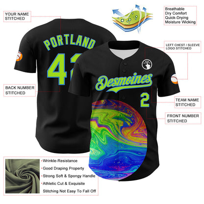 Custom Black Neon Green-Electric Blue 3D Pattern Design Rave Psychedelic Fluid Art Authentic Baseball Jersey - Sky-Custom