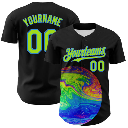Custom Black Neon Green-Electric Blue 3D Pattern Design Rave Psychedelic Fluid Art Authentic Baseball Jersey - Sky-Custom