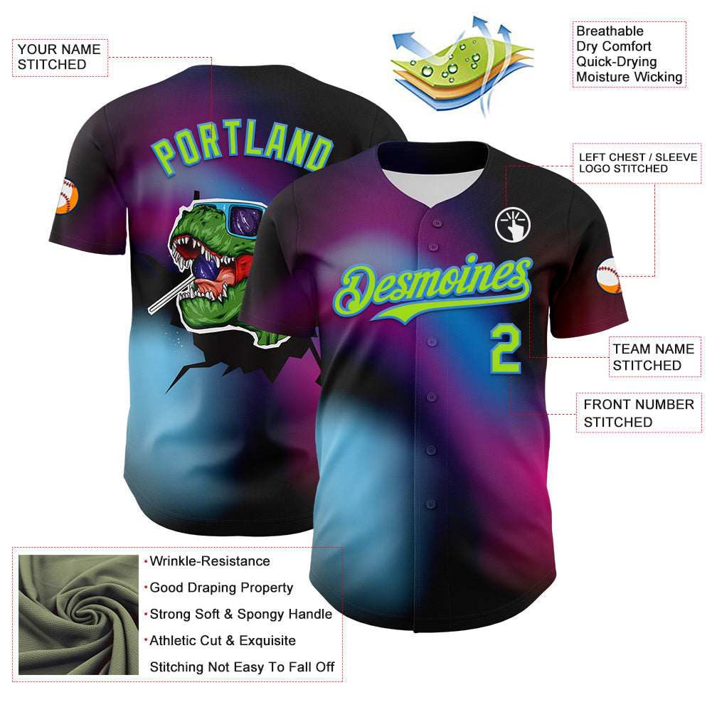 Custom Black Neon Green-Electric Blue 3D Pattern Design Rave Psychedelic Neon Dinosaur Authentic Baseball Jersey - Sky-Custom