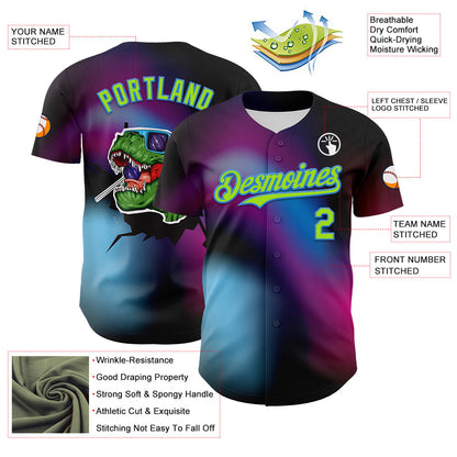 Custom Black Neon Green-Electric Blue 3D Pattern Design Rave Psychedelic Neon Dinosaur Authentic Baseball Jersey - Sky-Custom