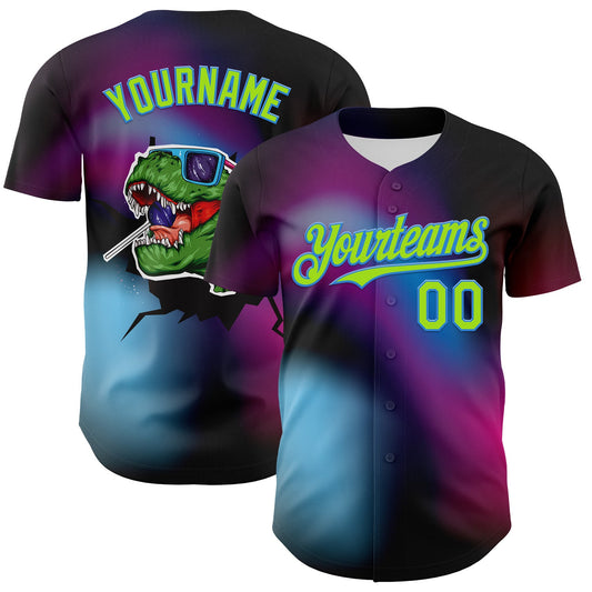 Custom Black Neon Green-Electric Blue 3D Pattern Design Rave Psychedelic Neon Dinosaur Authentic Baseball Jersey - Sky-Custom