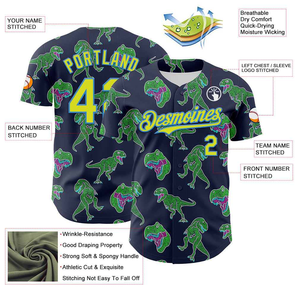Custom Navy Neon Yellow-Electric Blue 3D Pattern Design Rave Psychedelic Neon Dinosaur Authentic Baseball Jersey - Sky-Custom