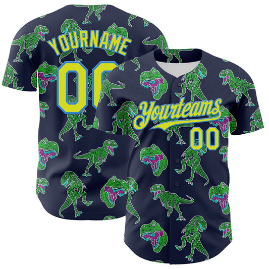 Custom Navy Neon Yellow-Electric Blue 3D Pattern Design Rave Psychedelic Neon Dinosaur Authentic Baseball Jersey - Sky-Custom