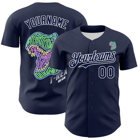 Custom Navy White 3D Pattern Design Rave Psychedelic Neon Dinosaur Authentic Baseball Jersey - Sky-Custom