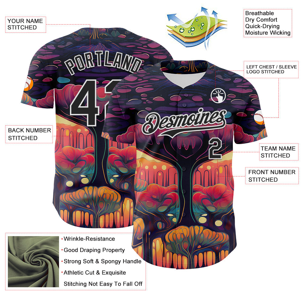 Custom Black White 3D Pattern Design Rave Psychedelic Forest Authentic Baseball Jersey - Sky-Custom