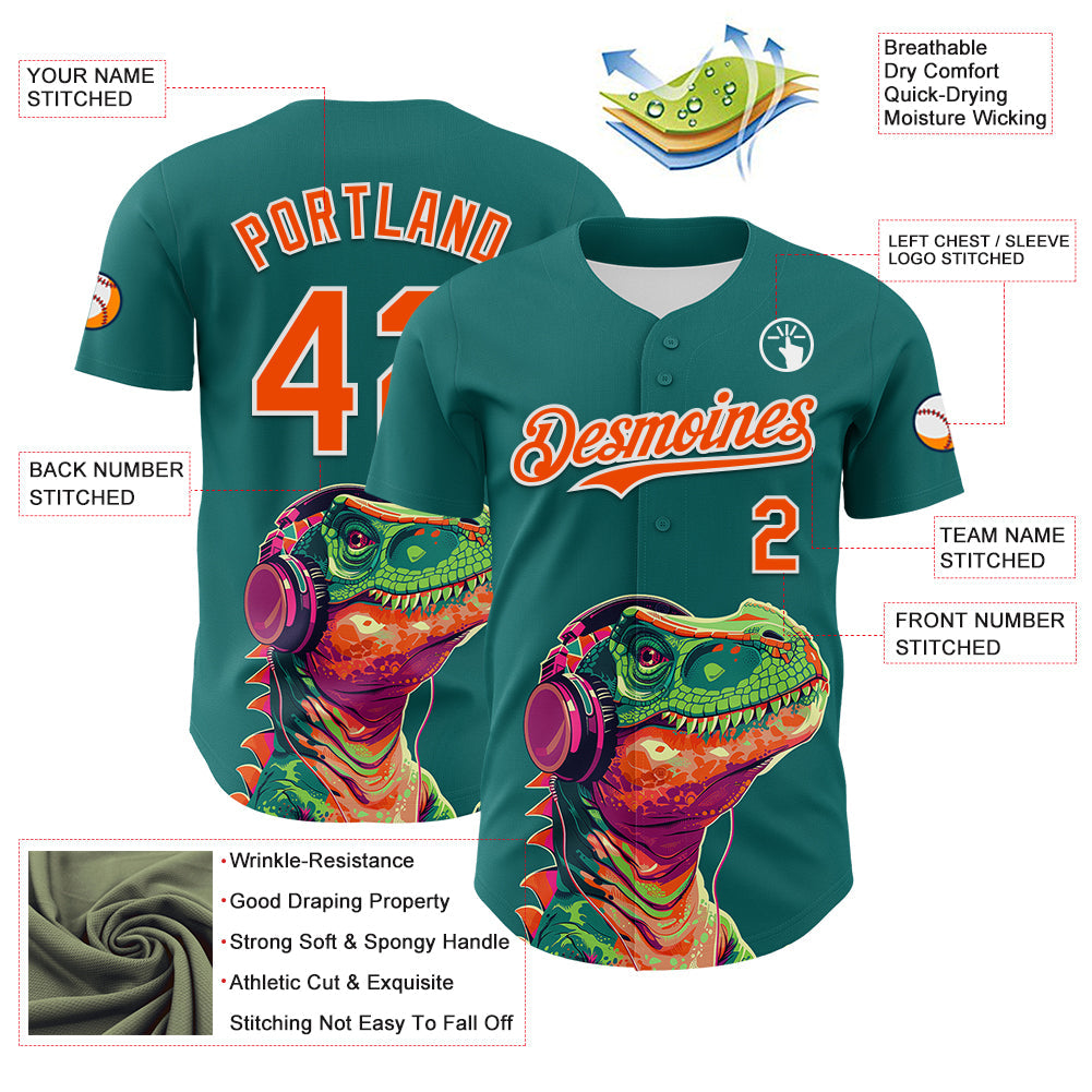 Custom Teal Orange-White 3D Pattern Design Rave Psychedelic Dinosaur Authentic Baseball Jersey - Sky-Custom