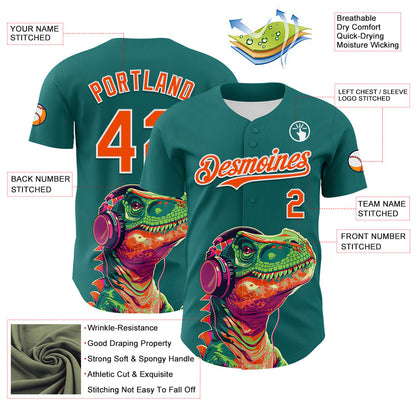 Custom Teal Orange-White 3D Pattern Design Rave Psychedelic Dinosaur Authentic Baseball Jersey - Sky-Custom