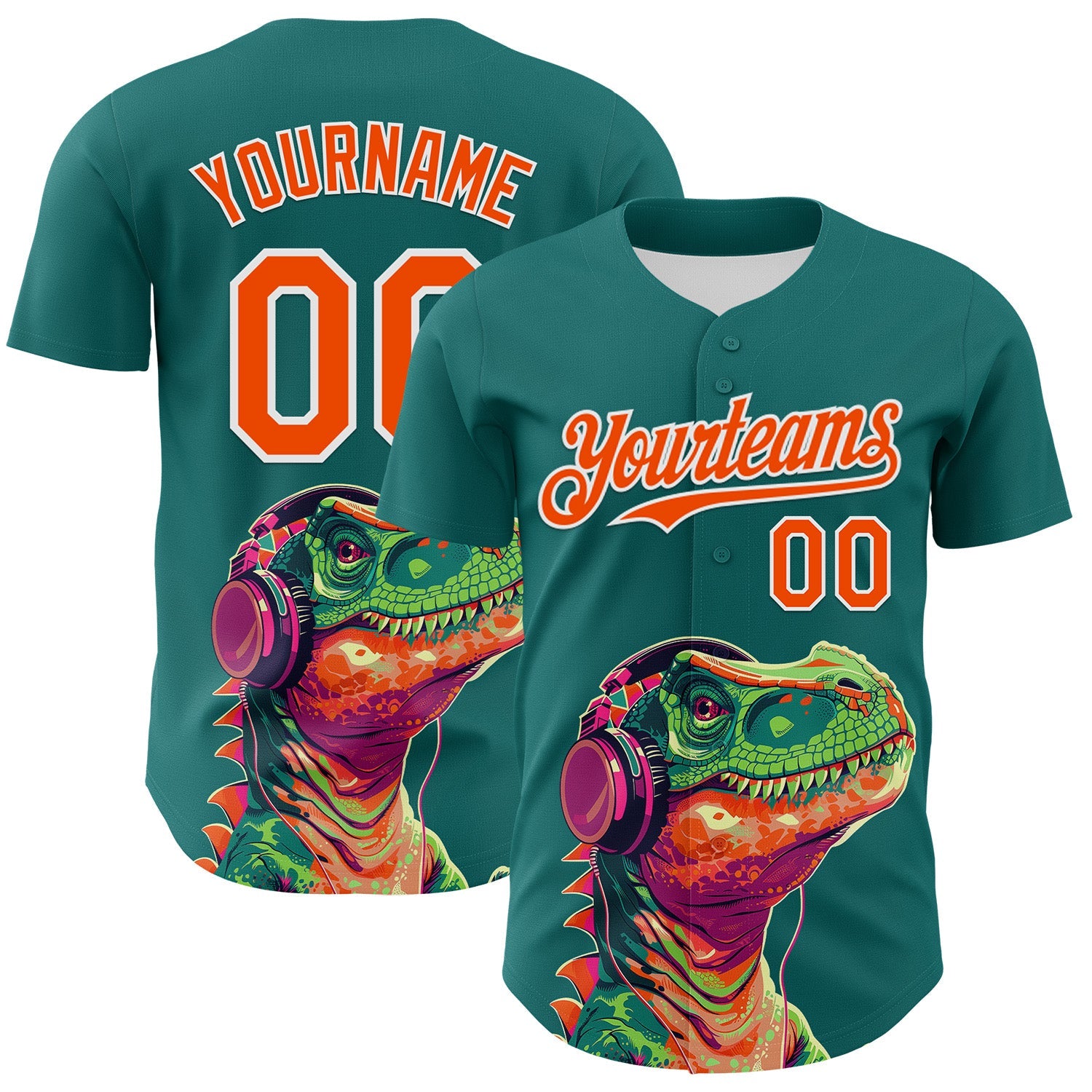Custom Teal Orange-White 3D Pattern Design Rave Psychedelic Dinosaur Authentic Baseball Jersey - Sky-Custom